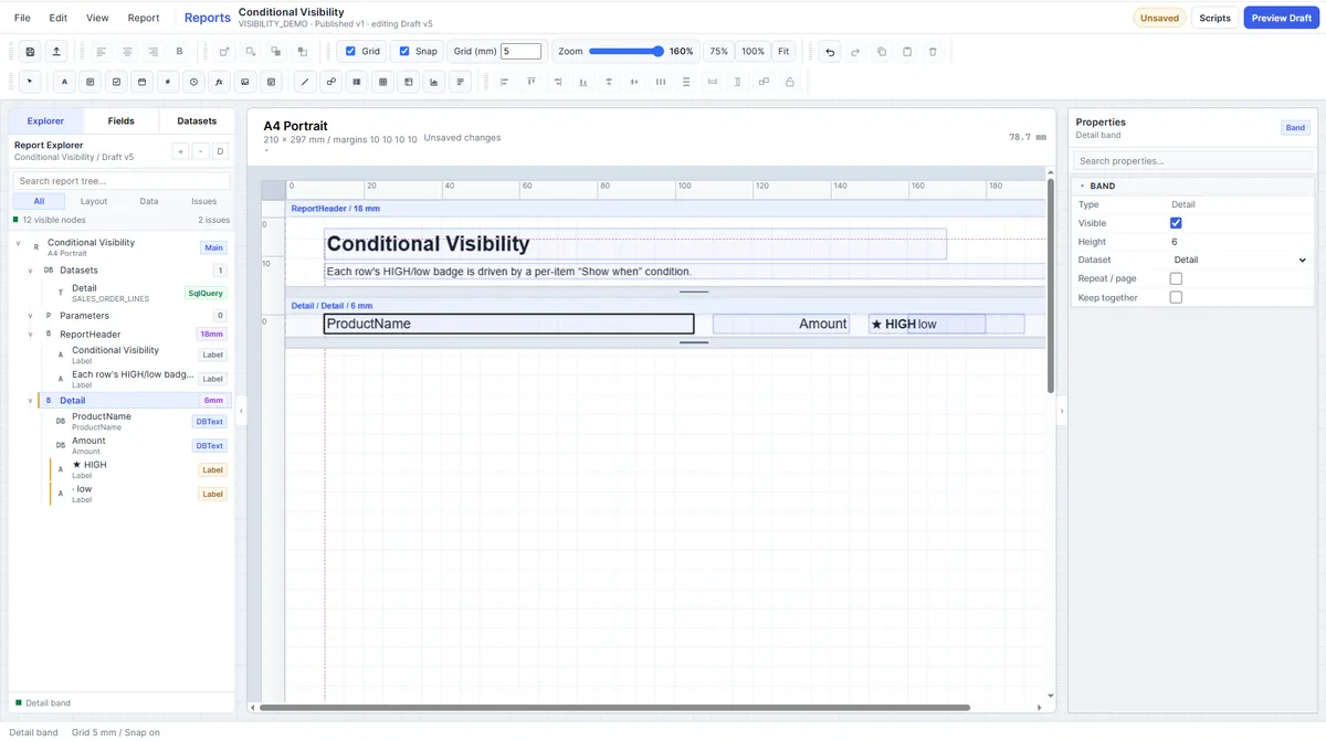Designer: band, struktur laporan, properti