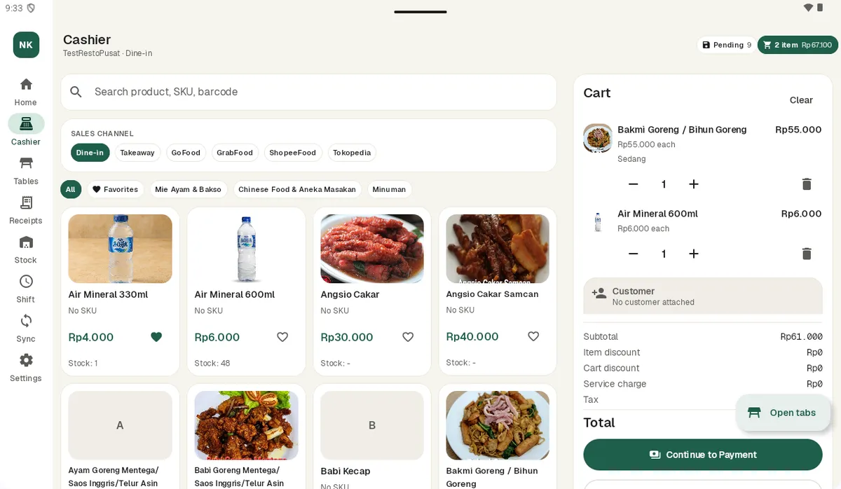 Kasir tablet: katalog, kanal penjualan, keranjang belanja