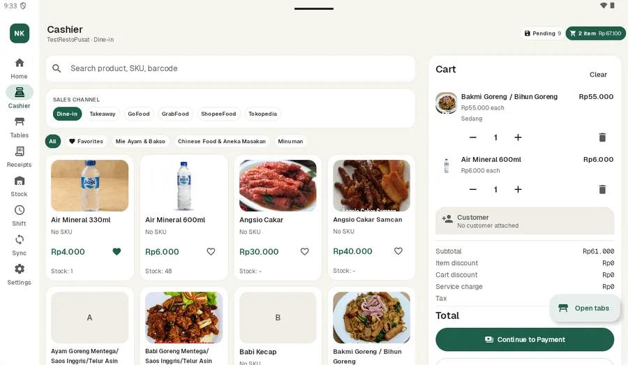 Kasir tablet: katalog, kanal penjualan, keranjang belanja