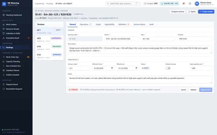 Routing produksi dengan versi, persetujuan dan validasi (desain)