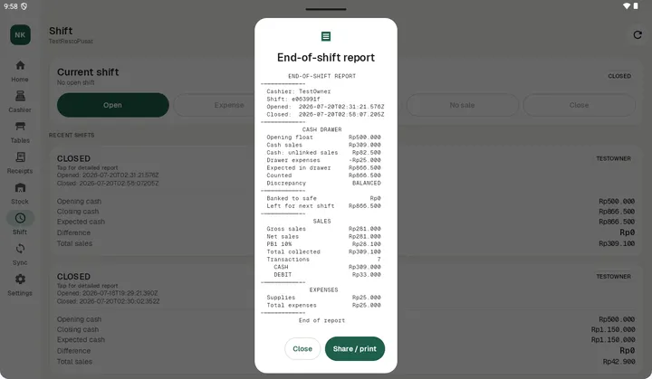 Laporan tutup shift (Z): laci kas sudah dicocokkan